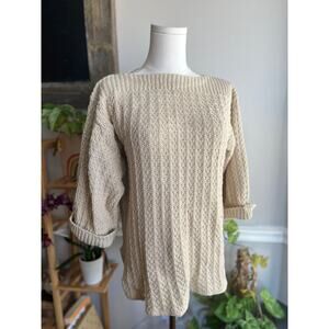 Vintage 90s Tan Cotton Knit Boatneck Cuff Sleeve Lagenlook Sweater Size Small